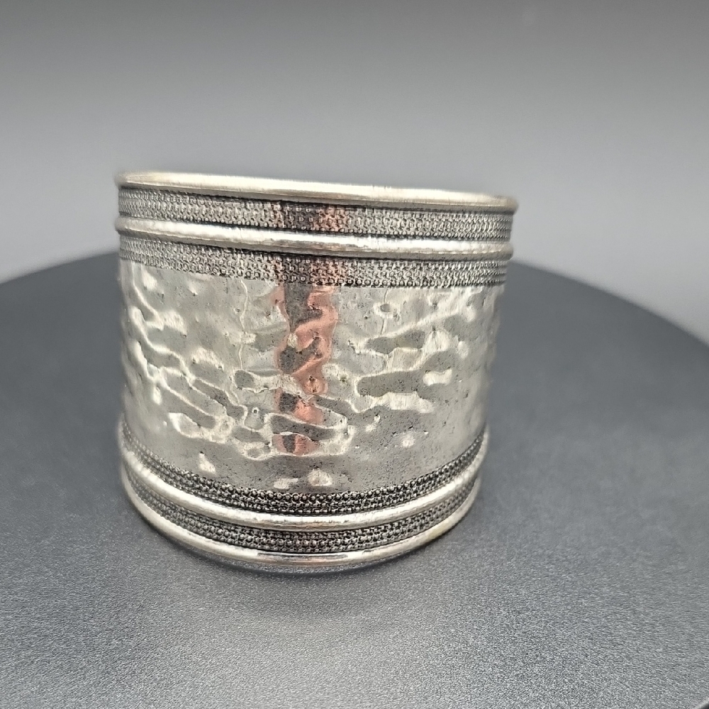 Silvertone Hammered Silver Cuff Bracelet - Wide Silver Tone